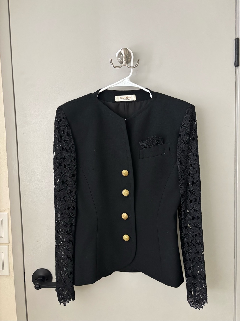 Vintage Neiman Marcus Made in France Black Wool Lace Sleeve Blazer